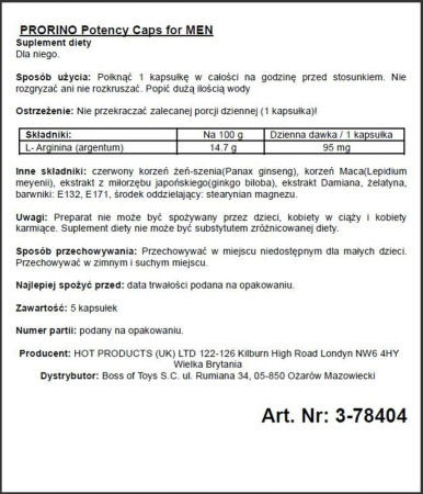 Пищевая добавка для мужчин ERO PRORINO black line Potency, 5 капсул || Збудливі капсули для чоловіків ERO PRORINO black line Potency (ціна за 5 капсул в упаковці)