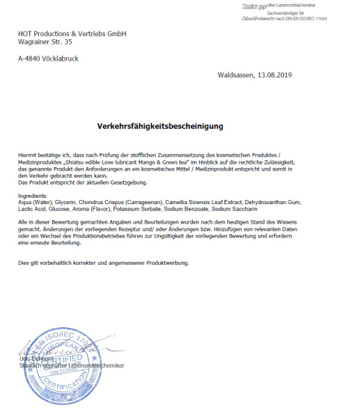 Съедобный лубрикант SHIATSU Love Манго и Зеленый Чай, 75 мл