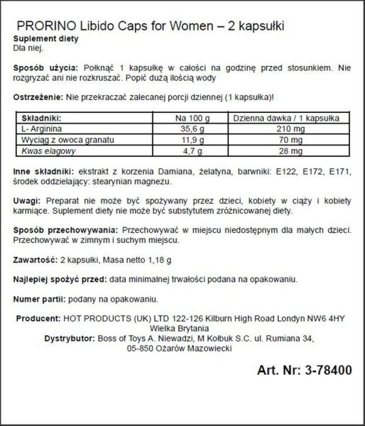 Капсули для підвищення лібідо у жінок PRORINO Libido Caps, (ціна за упаковку, 2 капсули)